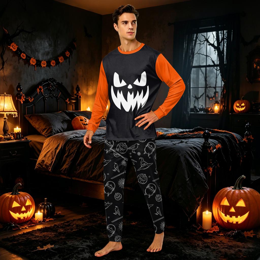 Family Matching Halloween Printed Round Neck Long Sleeve Pajama Set with Long Pants for Women and Children