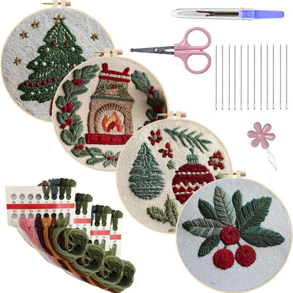 4 Pack Embroidery Starter Kit with Christmas Patterns Cross Stitch Kits with Embroidery Hoop Needles Threads Instruction