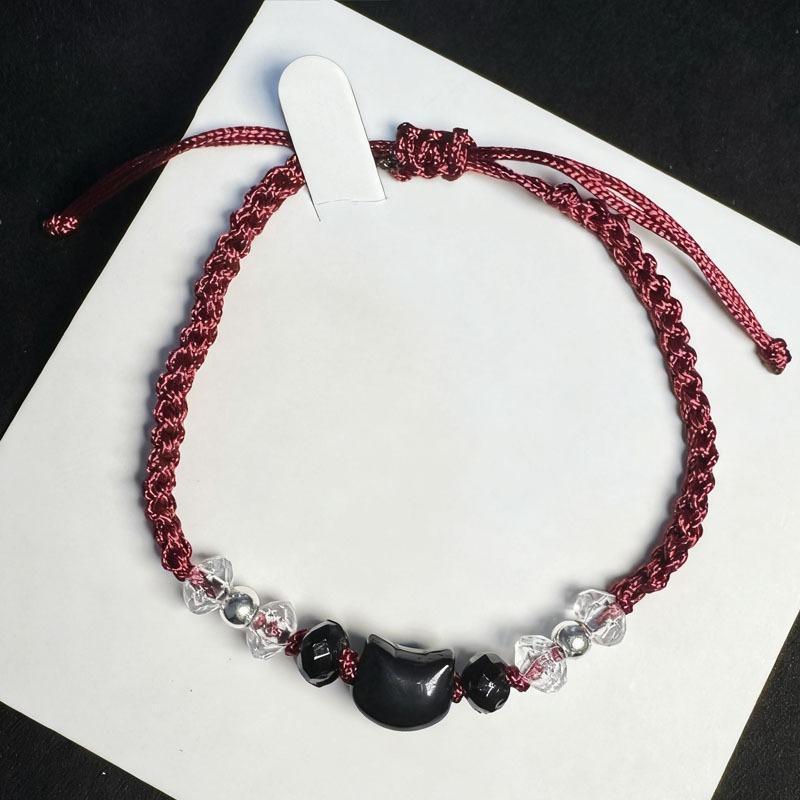 

New Wine Red Cat Beaded Couple Bracelets Handmade Adjustable Braided Cord Minimalist Moonstone Obsidian Jewelry for Men Women