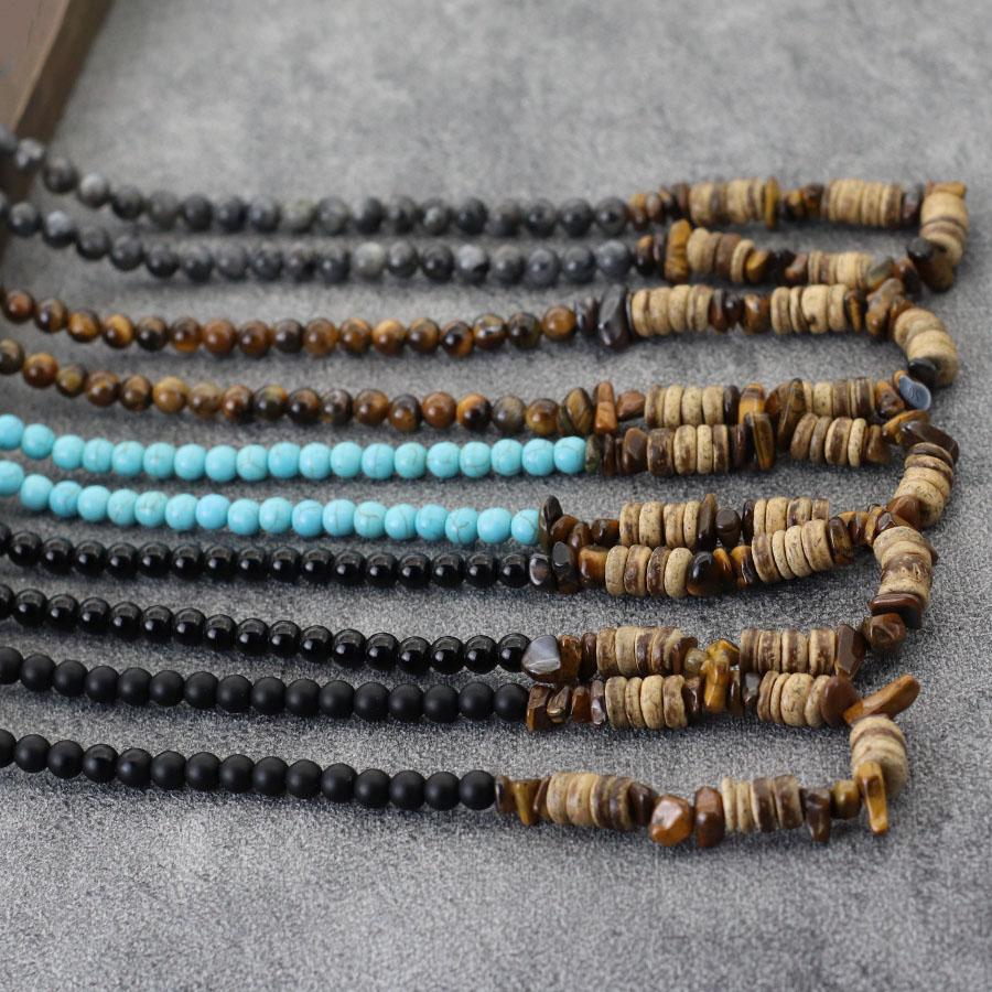 New Handmade 20 Inch Short Necklace With Natural Coconut Beads Wood Pendant For Men Natural Tiger Eyes Blue Howlite Stone Collar