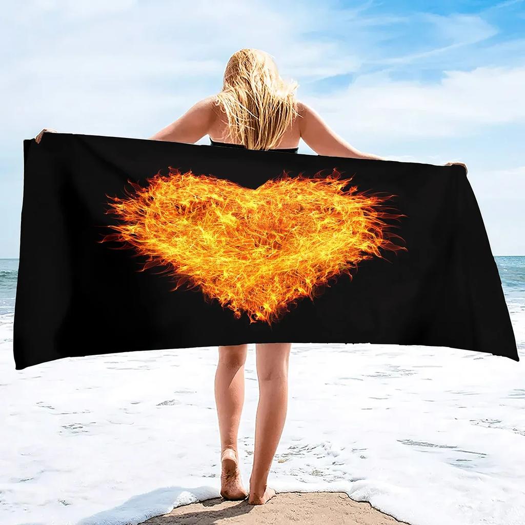 Valentines' Day Beach Towel,Microfiber Pink Fire Bath Towel Oversized,Water Absorbent Towels for Bathroom,Love Heart Bath Towels