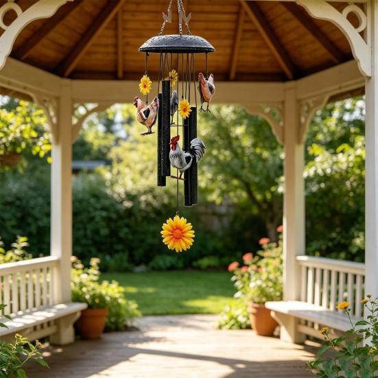 Vintage Chicken Wind Chime Metal Sunflower Chicken Wind Chime Outdoor Indoor Hanging Wind Chime for Garden Porch Terrace Farmhouse