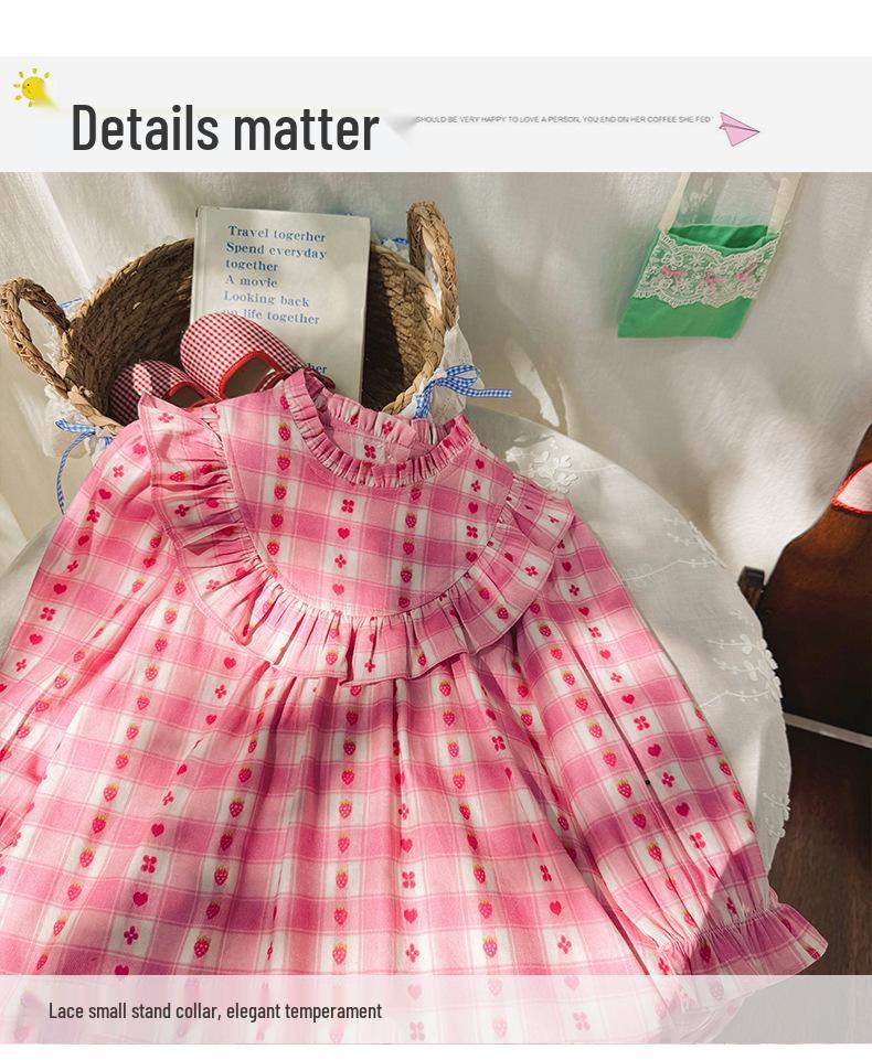 2026 Autumn Korean Style Ruffled Stand Collar Plaid Princess Dress for Girls