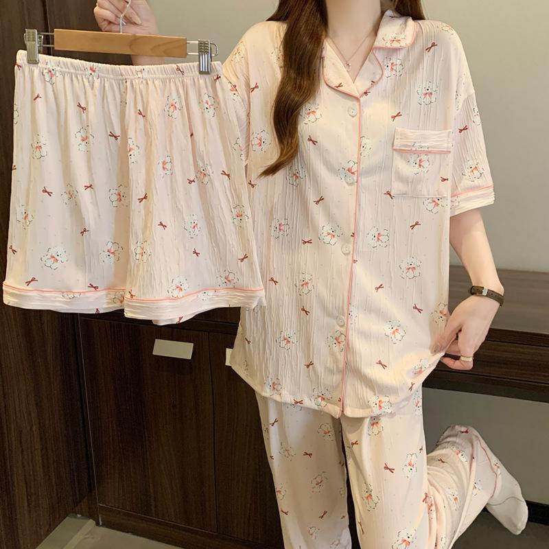 Niche Cute Style Cartoon Pajamas Women'S Summer Thin Student Short-Sleeved Three-Piece Loose Spring And Summer Loungewear