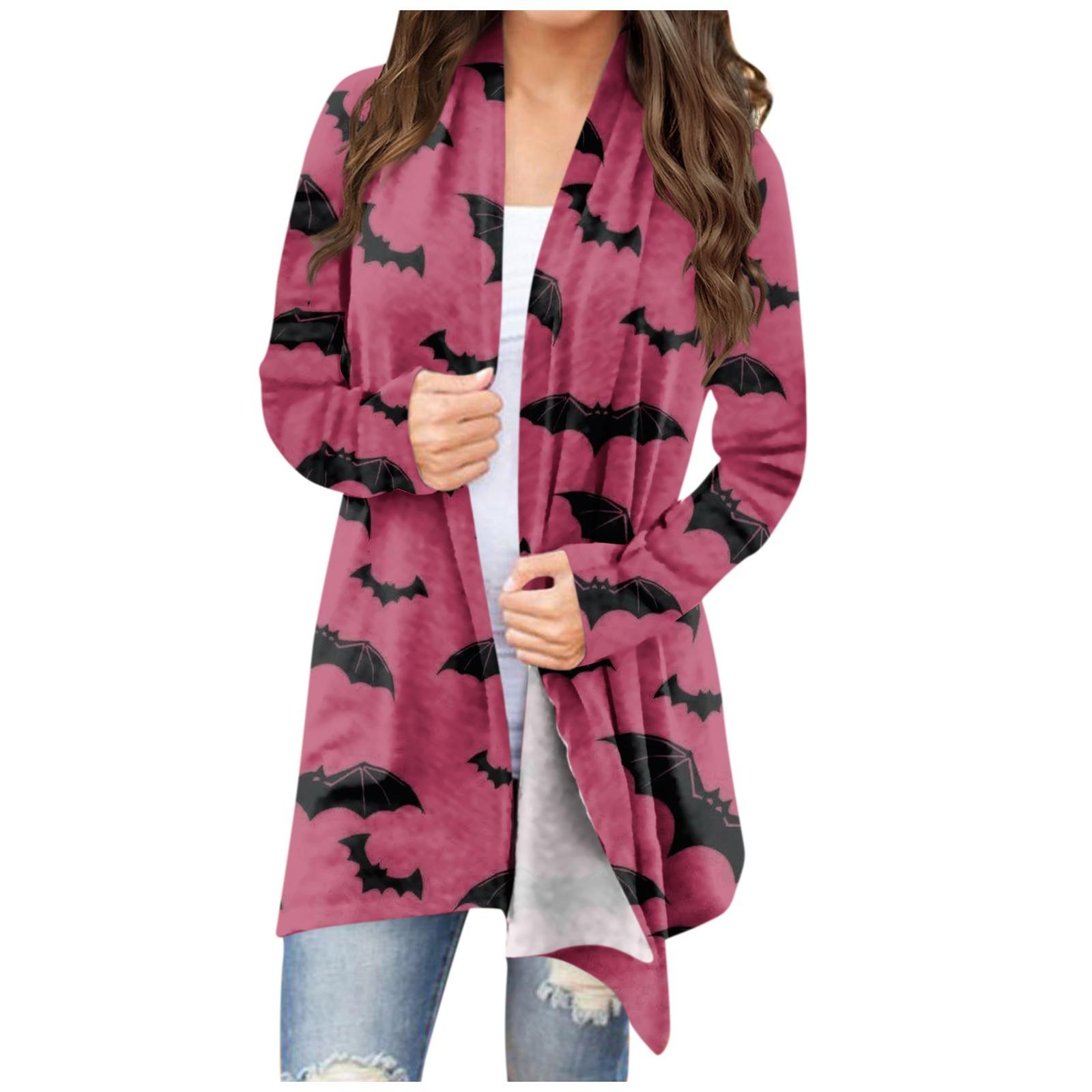 Women s Casual Cardigan Halloween Printed Long Sleeve Top Without Pockets XXXL розовый