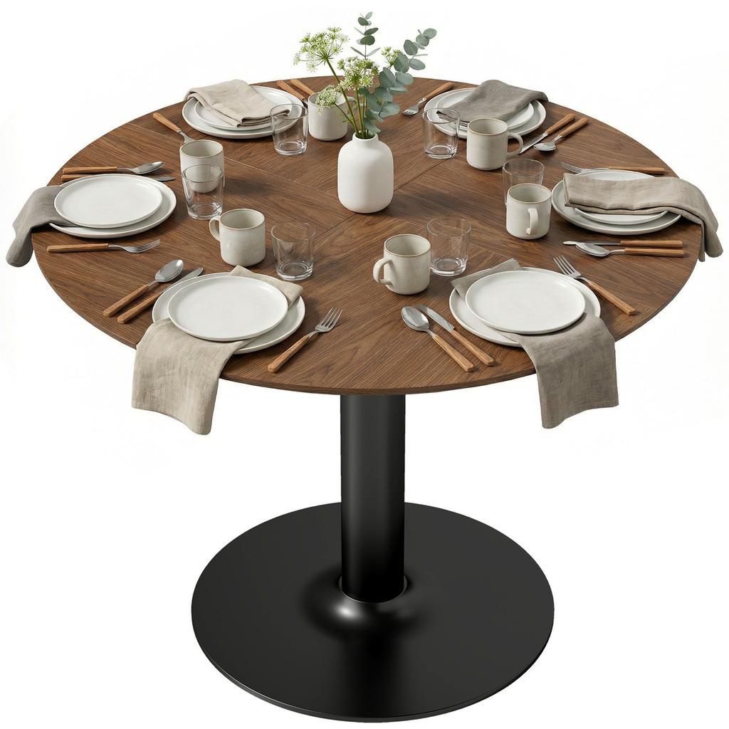 Round Dining Table for 6 People, 110 cm Modern Kitchen Table with Base for Living Room, Brown Wood Grain