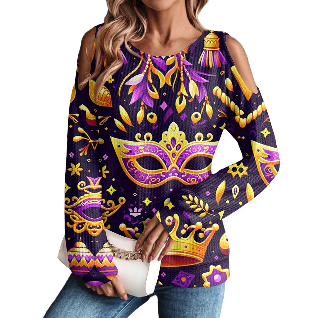 Damen Winter Oversized T-Shirt Modisch Schulterfrei Rundhals Vintage Blumendruck Pullover Langarm Oberteil