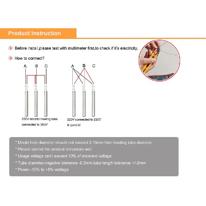 2PCS Electric Cartridge Heater Element 220V 6mm Tube Diameter Stainless Steel Tubular Heater Parts Wattage 150/200/250/300W