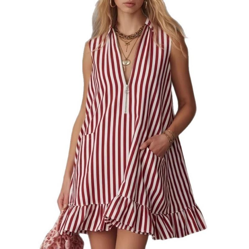 Women S Vintage V Neck Striped Sleeveless Ruffle Mini Dress