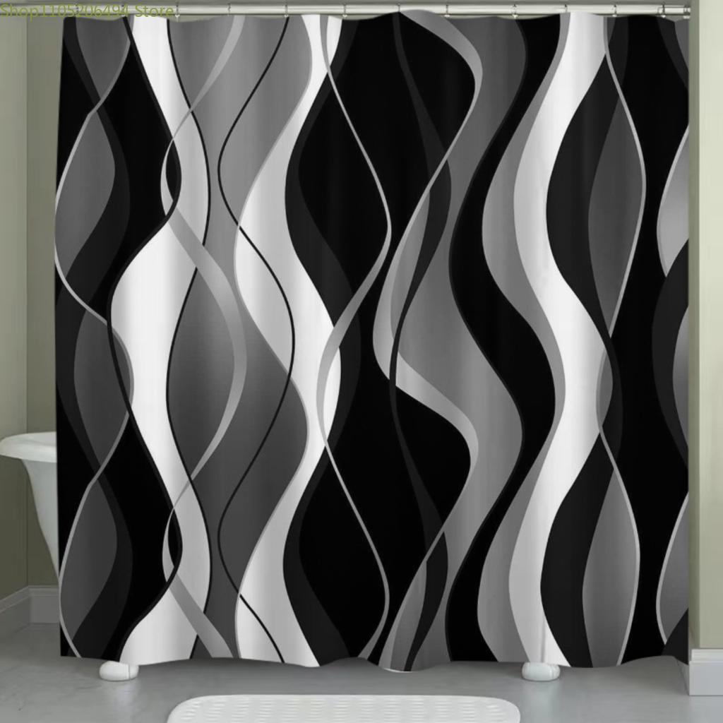 1pc Black & White Print Pattern Polyester Shower Curtain - No-Drill Hooks, Machine Washable Bathroom Decor with Modern Abstrac