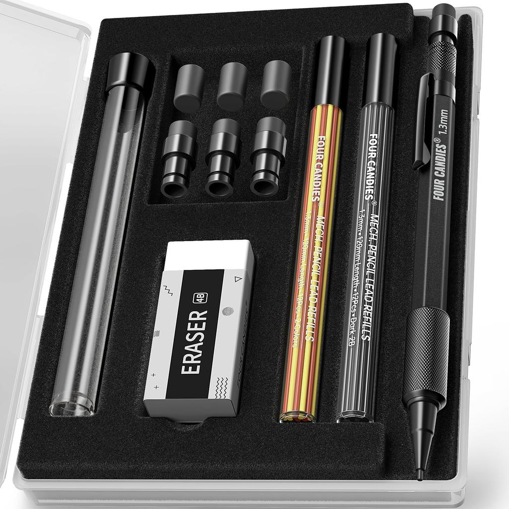Four Candies Mechanical Pencil with Durable Metal Carpenter 24 Leads 3 12 Eraser Outdoor Carpentry Marker Black 1.3mm Case, Pencil, (Red, Black,