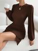 Abito in maglia con scollo tondo, elegante abito attillato per donna, manica lunga, tinta unita, abiti larghi, abito con bordo a foglia di loto