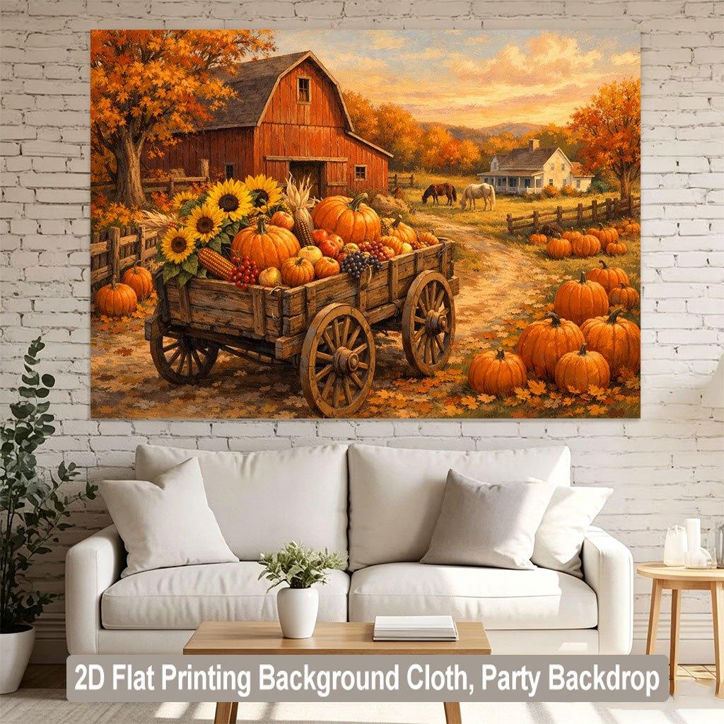 1 piece of 2D flat background fabric depicting a scene of a bountiful harvest in the autumn season.PMJ