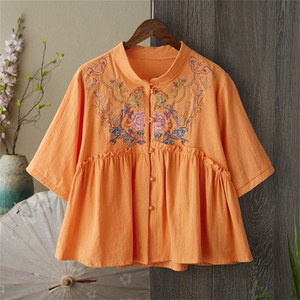 Women's Vintage Inspired Loose Fit Mid Sleeve Cotton Linen Blend Embroidered Button Front Cardigan