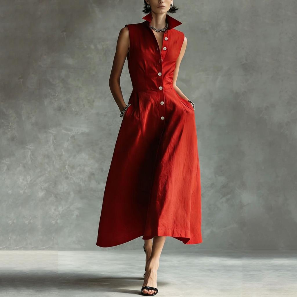 Women's Fashionable Sleeveless Linen Casual Button-Down Dress