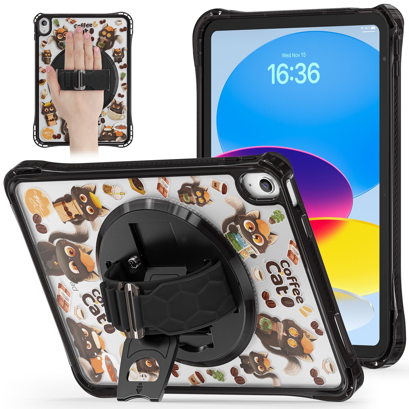

For iPad (2025)/10.9 (2022) Case Kickstand Hand Strap Imprint PC+TPU+Acrylic Tablet Cover Black