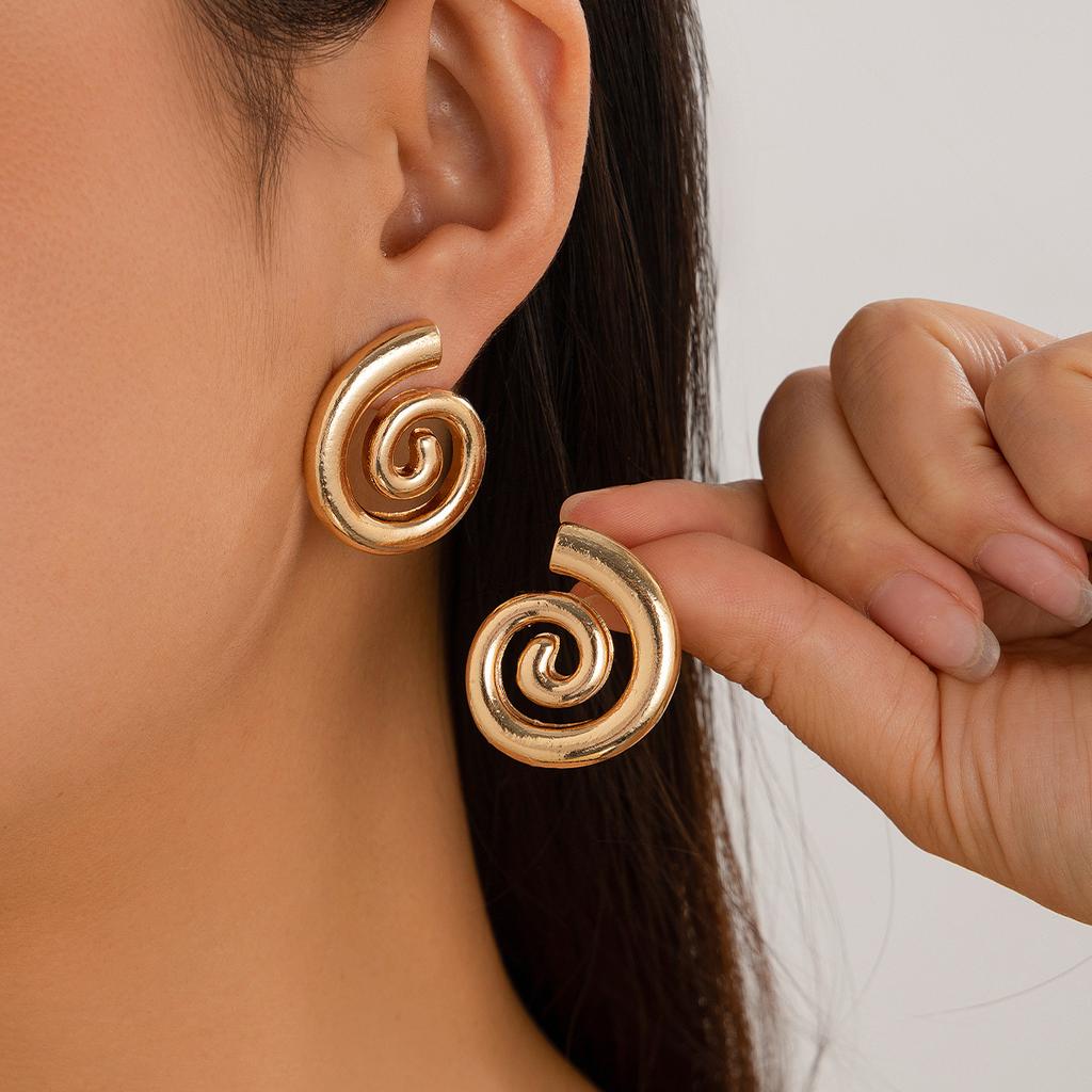 Classic Fashion Gold Plated Overlay Greek Spira Stud Earrings for Women Metal Simple Geometric Circular Earrings Jewelry Gift