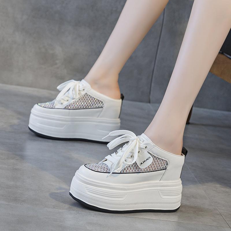 Fashion 12CM Air Mesh Genuine Leather Breathable Sandals Flats Hollow Platform Wedge High Brand Bling Shoes Women Slipper Bling