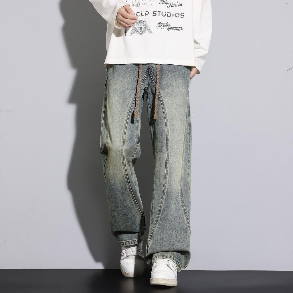 Spring, autumn and winter new four-season high-end deconstruction splicing wide-leg loose straight jeans men's pants trend