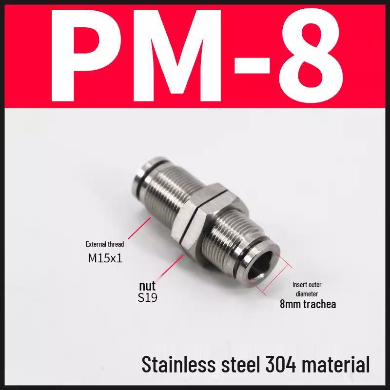 304 Stainless Steel Quick Push-In Pneumatic Tube Panel Mount Connector, External Thread, PM Sizes: 4, 6, 8, 10mm