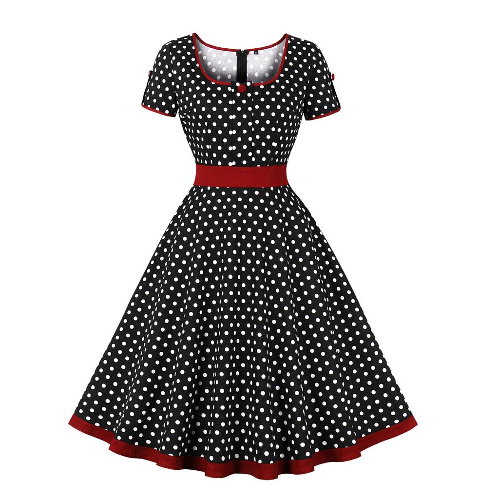 Dámské Vintage šaty Puntíky Rockabilly Koktejl Swing Šaty Jarní Letní Šaty Krátké Rukávy