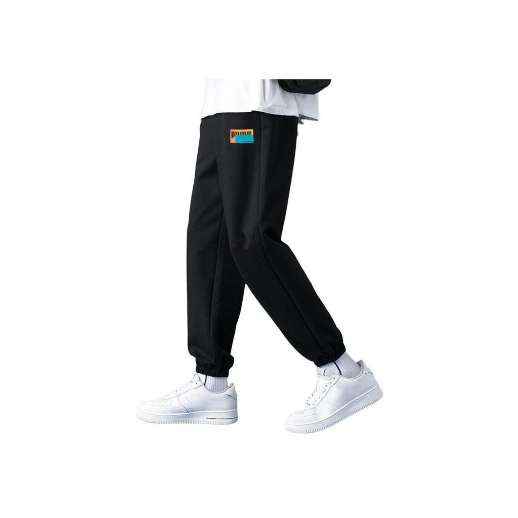 Puma Solid Color Simple Letter Print Cuffed Breathable Knitted Sports Pants Men Bottoms Black 680658-01