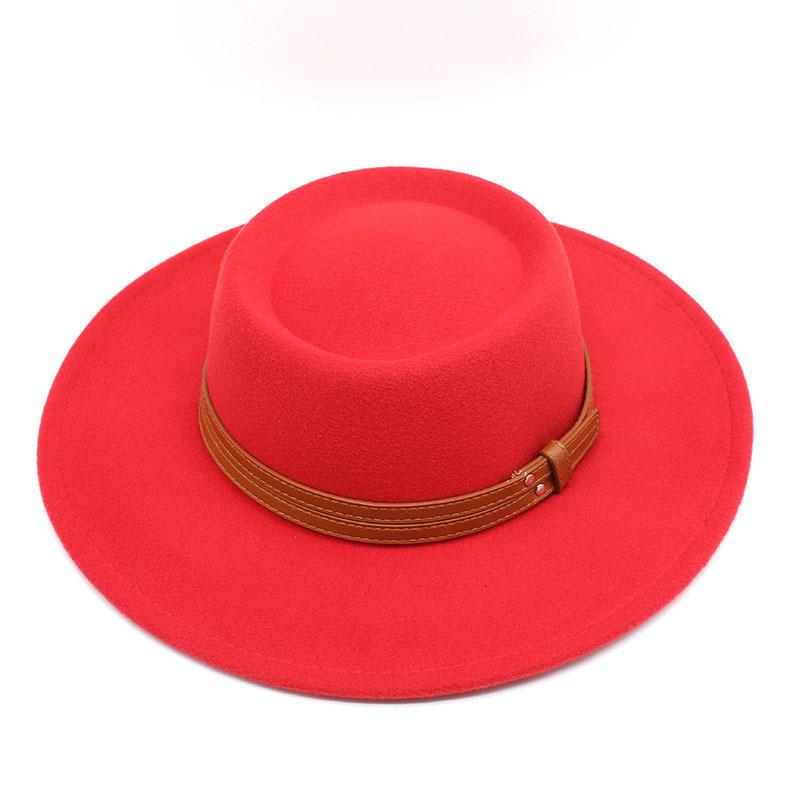 French Double Belt Buckle White Woolen Hat Flat Top Top Hat Female British Retro Style Wide Brim Felt Hat