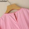 VONDA Women Summer O-neck Short Sleeve Lace Hem Casual Ruffled Blouse