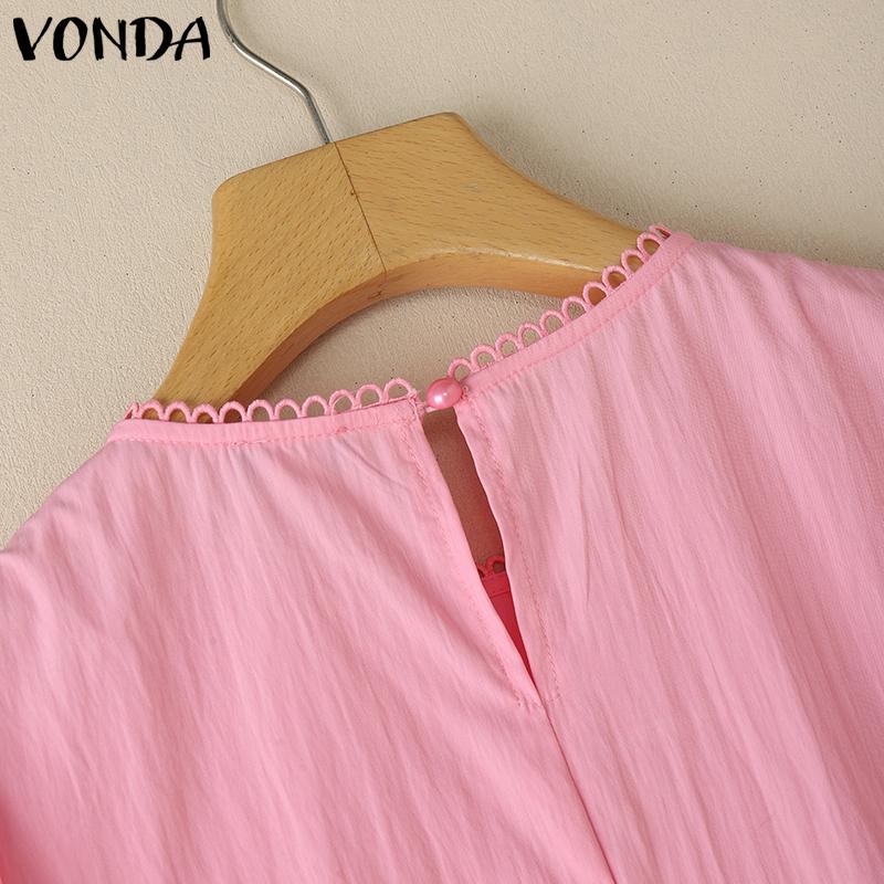 VONDA Women Summer O-neck Short Sleeve Lace Hem Casual Ruffled Blouse