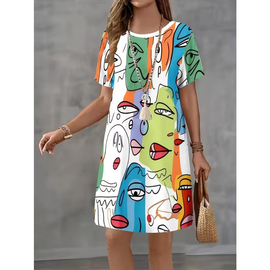 New Dress Women's Digital Printing Geometric Pattern Round Neck Pullover Summer Women's Dress