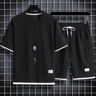 2 Pcs/Set Men Summer Tracksuit Set Casual Loose Solid Color Short Sleeves Elastic Waist Sports Drawstring Workout T-shirt Shorts Set Male Clothes