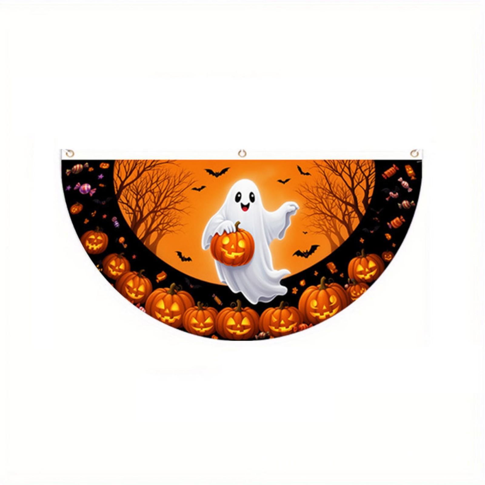 

Halloween Fan Shaped Banner Polyester Festival Decoration Ghost Pumpkin Atmosphere Photo Prop 90x45cm Half Circle Hanging Flag One Size