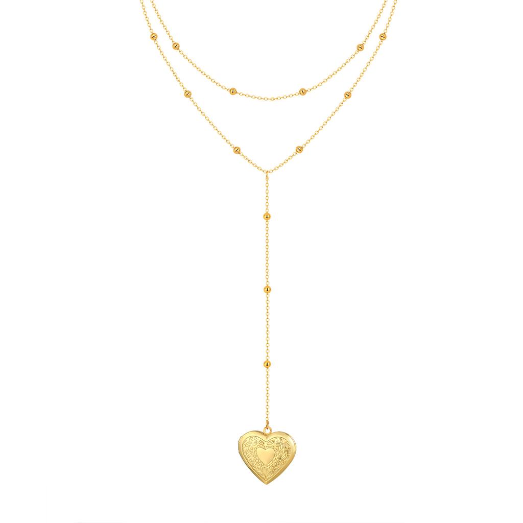 Women's Heart Locket Lariet Necklace, Adjustable Y-Shape Openable Pendant, Stainless Steel Gold Long Chain Fashion Jewelry