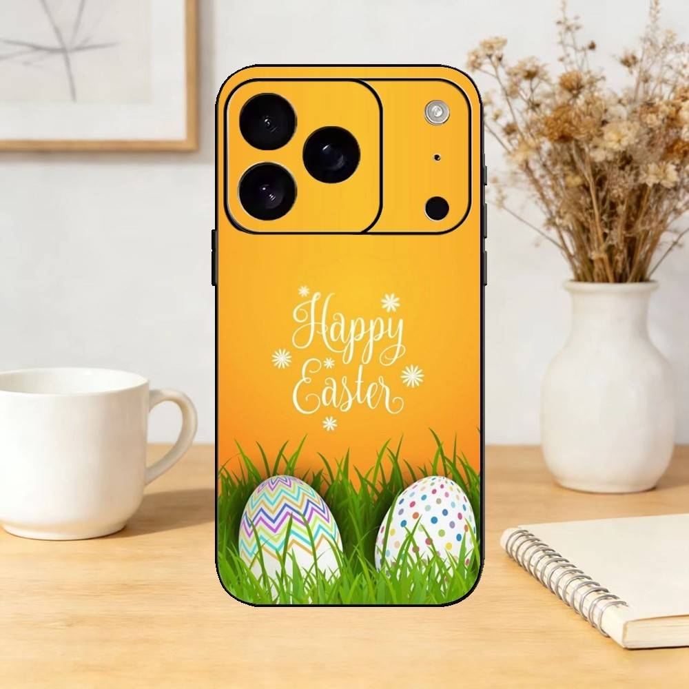 Easter Bunny And Eggs Phone Case For iPhone 17,16,15,14,13,12,11 Plus,Pro Max,SE4Soft Silicone Black Cover