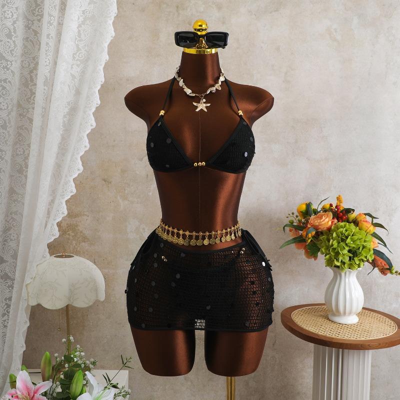 Women American Retro Mesh Sequined Three Piece Bikini Swimsuit