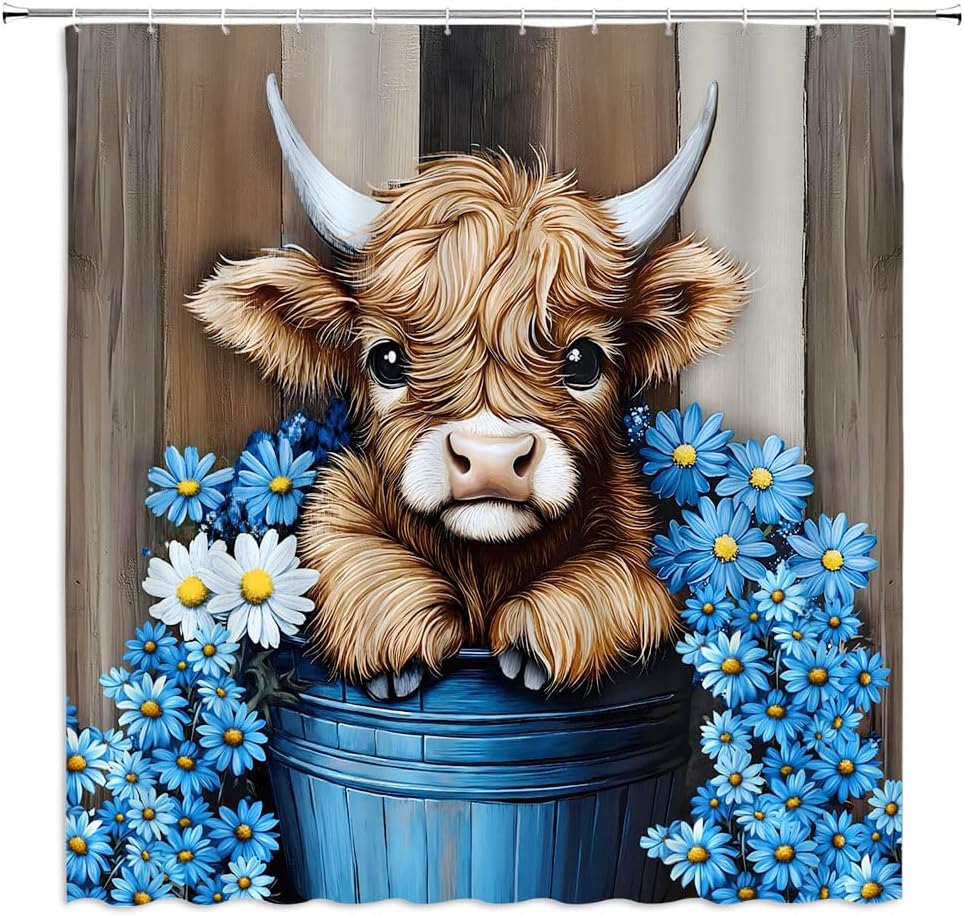 

Highland Cow Shower Curtain Cute Bull Blue Daisy Floral Western Farmhouse Cattle Funny Calf Rustic Wooden Board Watercolor W60H190(CM)-1 Pcs