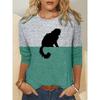 Color Block Printed Long Sleeved Casual Daily Basic Retro Round Neck 3D Cat Printed Women's T-shirts - Soft Medium Stretch Relaxed Fit Clothing