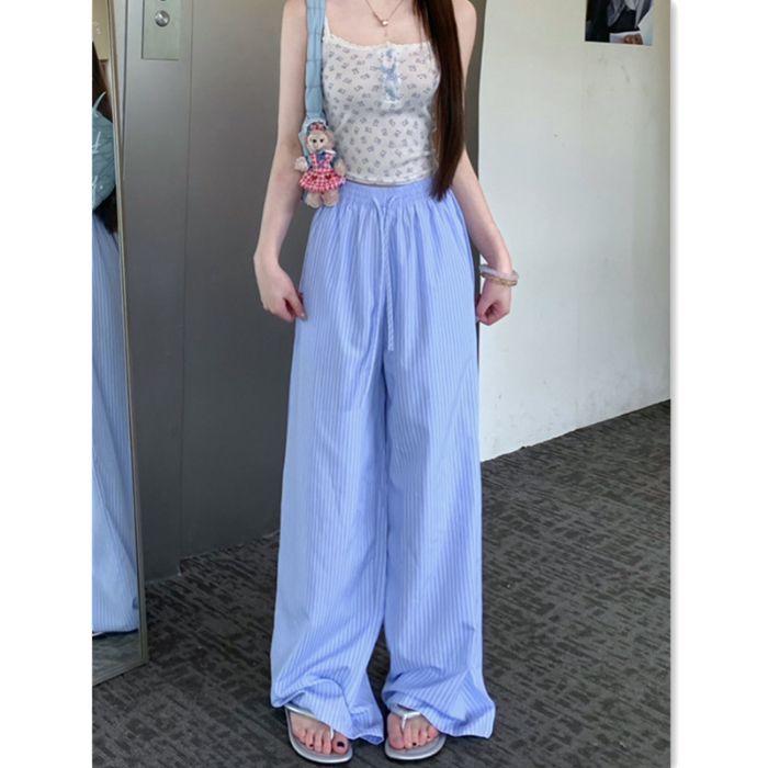 Unisex Blue Vertical Striped Casual Pants: Korean Summer Style, Floor-Length, Straight Wide-Leg, High-End Feel