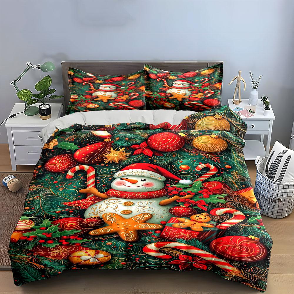 Christmas Snowman and Candy Decor Bedding Duvet Cover Set Duvet Cover Pillowcases (1*Duvet Cover 2*Pillowcases, Without Duvet Insert)