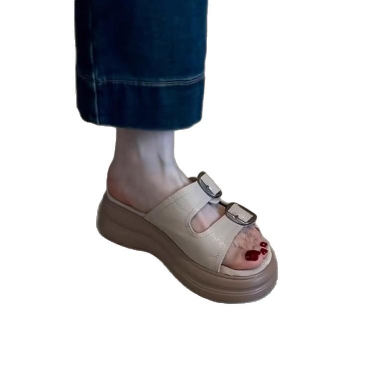 Casual version~ Soft skin open-toed slippers women's muffin thick-bottomed versatile French belt buckle cool slippers