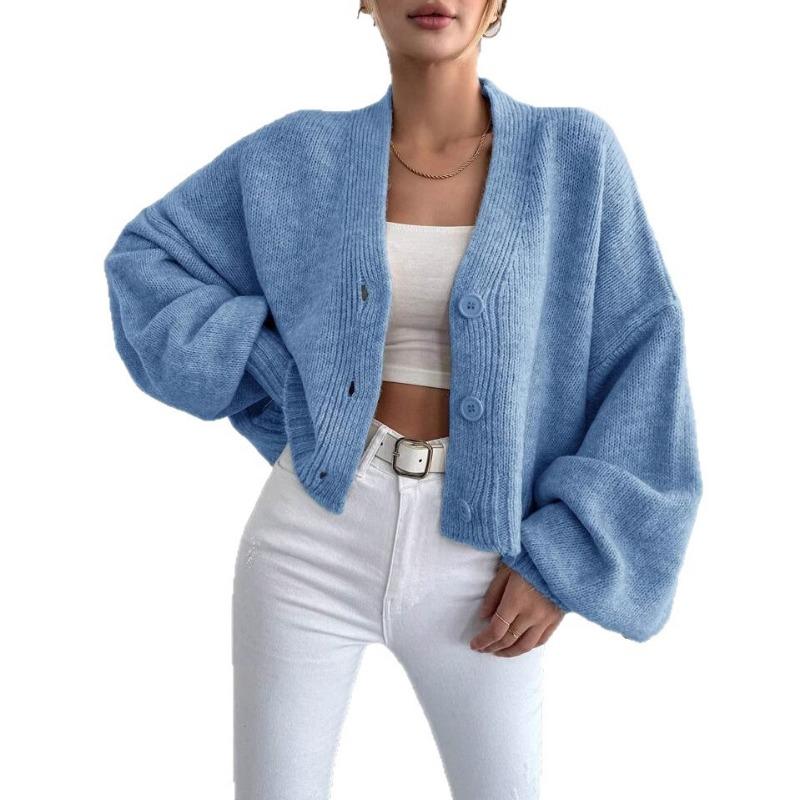 

Вязаный кардиган для женщин в осенне-зимнем новом стиле, на клипсах, повседневные джемперы, свободный, с V-образным вырезом, рукавами-фонариками, свитера S синий