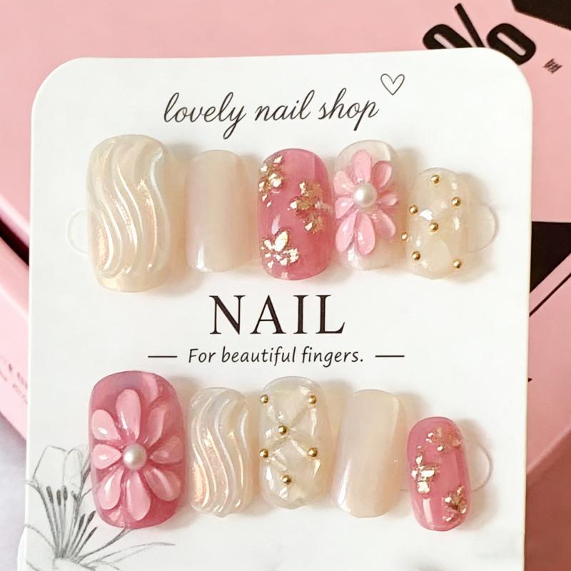 30-Piece Spring Floral & Star Rhinestone Nail Tips - 3D Wearable False Nails