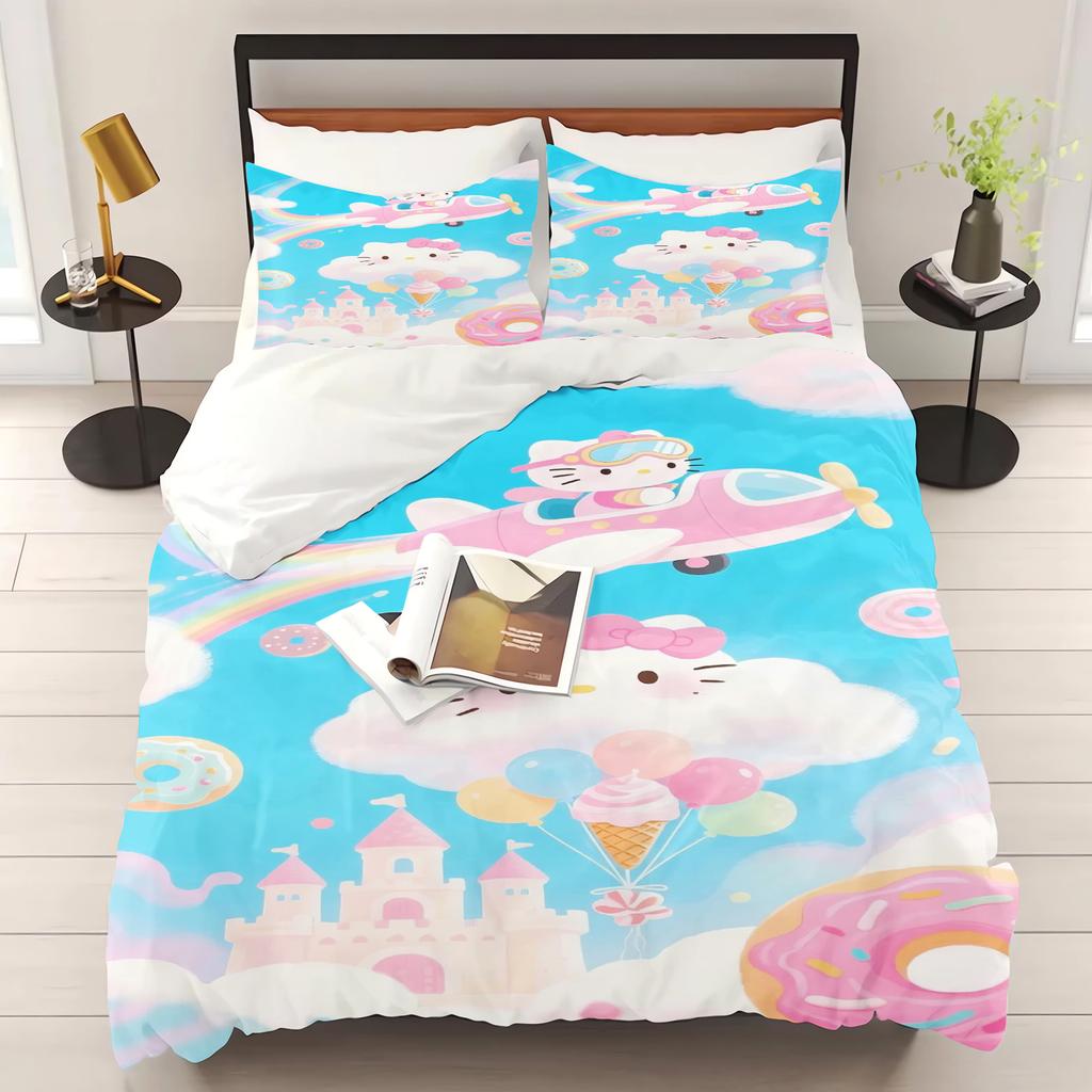 Zestaw pościeli do sypialni z nadrukiem Hello Kitty Poszewka na kołdrę Prezenty świąteczne Komfortowy Kreskówka Z poszewką na poduszkę