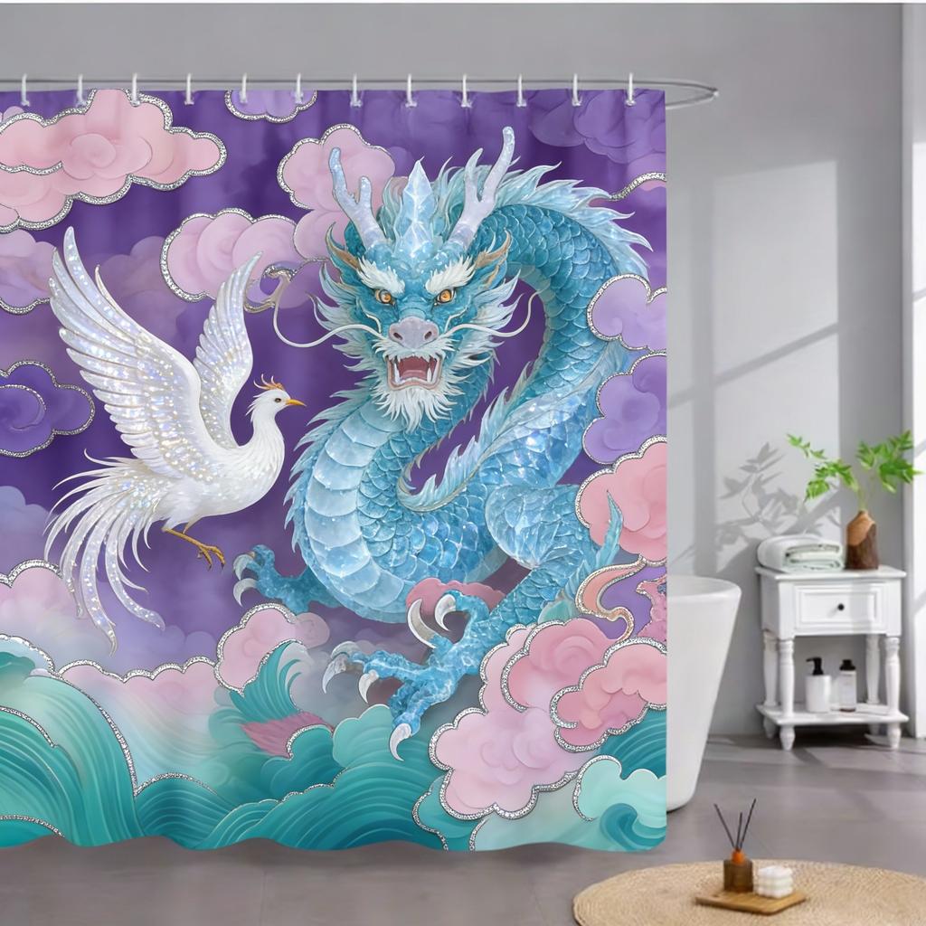 Dragon & Phoenix Print Waterproof Shower Curtain for Bathroom, Traditional Oriental Design High-End Toilet Partition Curtain