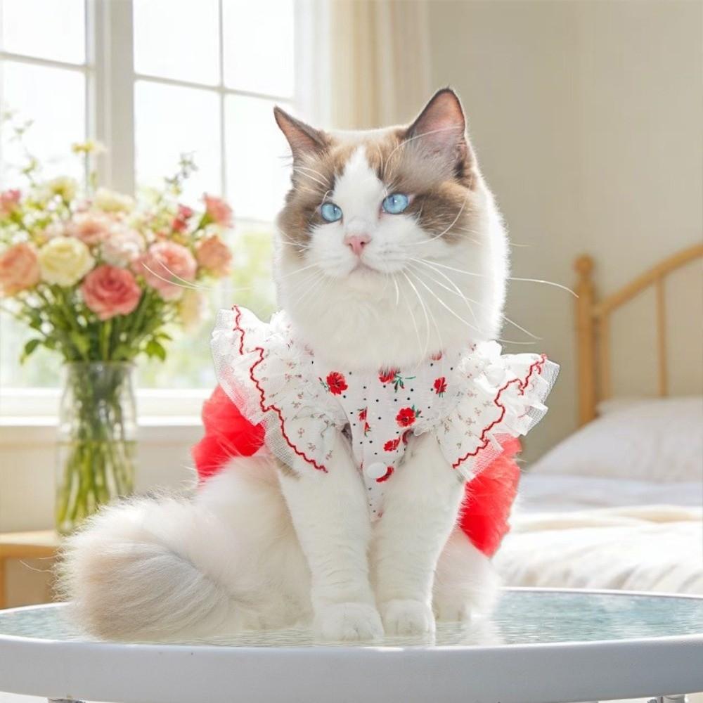 Flutter Sleeves Cat Tutu Skirt Rose Pattern Puppy Floral Vest Cat Cake Skirt  Bichon Frise Dog