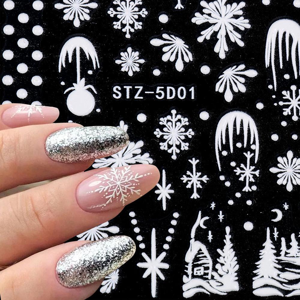 Slider Decals White Charms Flower New Year Design 5D Embossed Snowflakes Nail Sticker Christmas