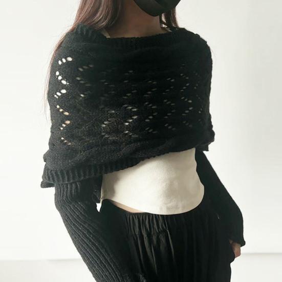 Dámská pletená šála Jednobarevná Měkký nadýchaný materiál Šála s dlouhým rukávem Dutý design Podzimní zimní šála Kabát