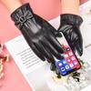 Women's Warm Leather Gloves New Winter PU Gloves Bow Plus Velvet Thickened Cold  Proof Riding Touch Screen Gloves