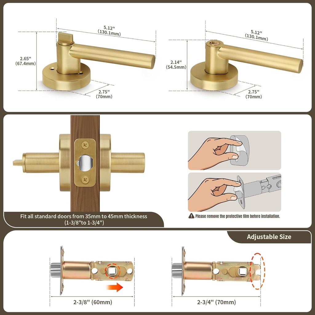 Moquin Brass Gold Heavy Duty Round Design Door Lever, Keyed Entry Door Handle in Gold, Reversible Door Lock for Front Entrance Door