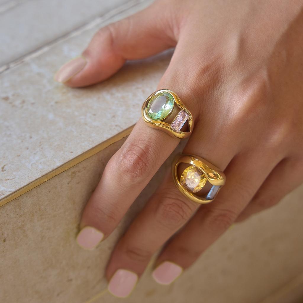 Stainless Steel Colorful Zircon Open Finger Ring for Women Luxury Square Round Crystal Gold Color Rings Daily Fashion Jewelry
